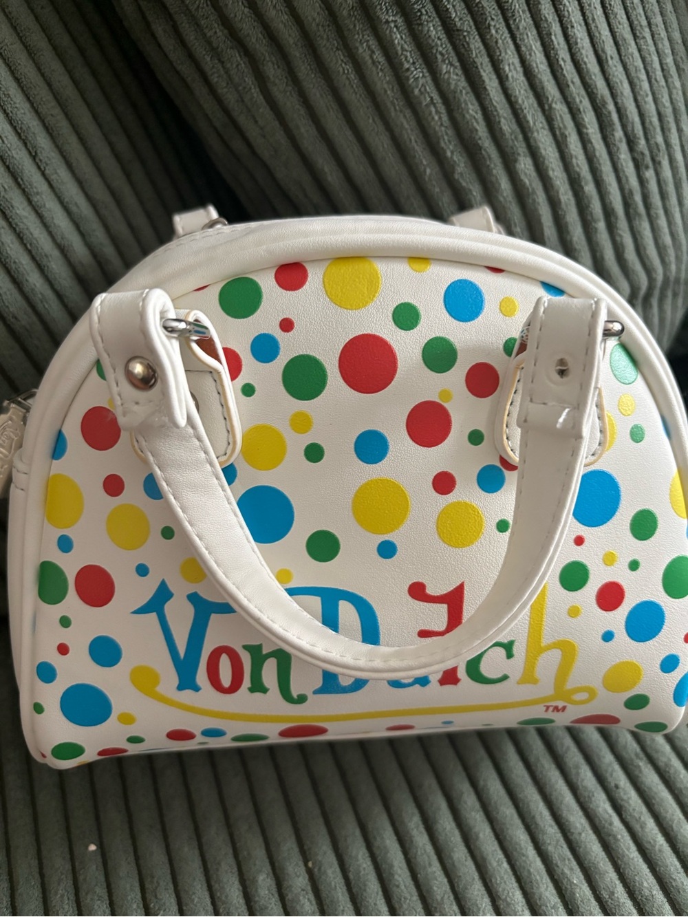 Von Dutch White Mini Satchel with Multicolor Polka Dots